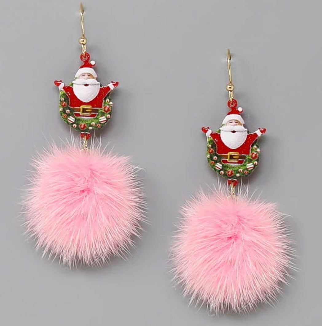 Santa with Pink Puff Christmas Earrings