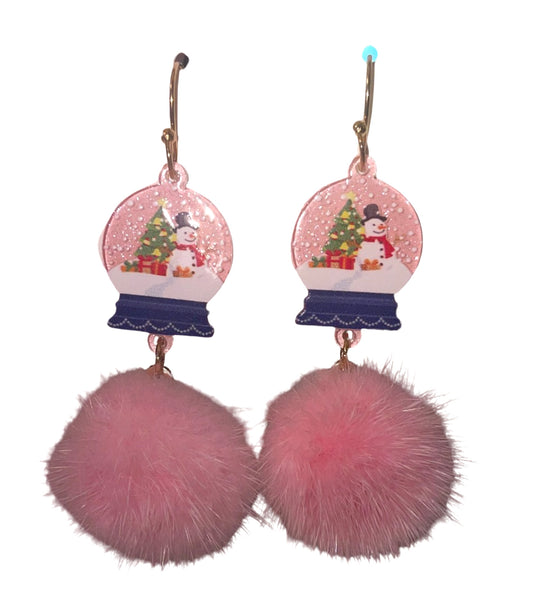 Snow globe with Snowman Pink Puff Christmas Earrings