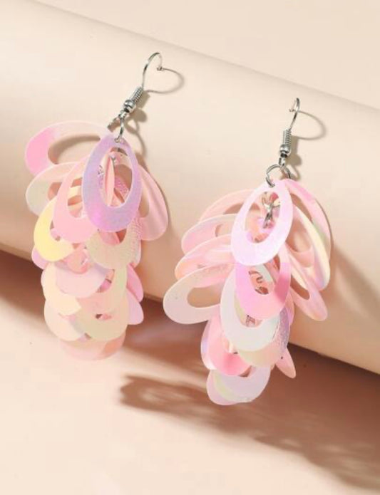 Oval White Iridescent Sequin Dangle Earrings