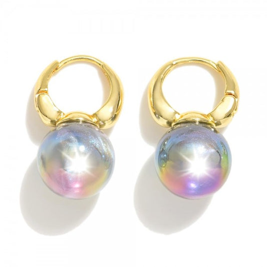 Gold Huggie Hoops Featuring Abalone Pearlescent Ball