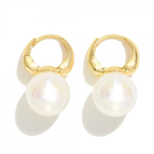 Gold Huggie Hoops Featuring White Pearlescent Ball