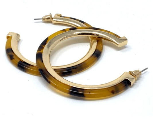 Resin Tortoise Shell Hoop Earrings With Gold Trim