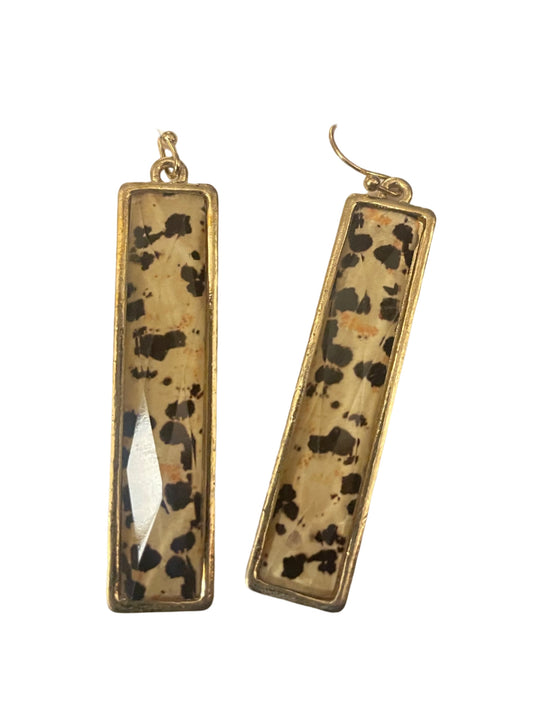 Elongated Rectangular Faceted Resin Dangle Earrings - Black, White & Gold Spotted