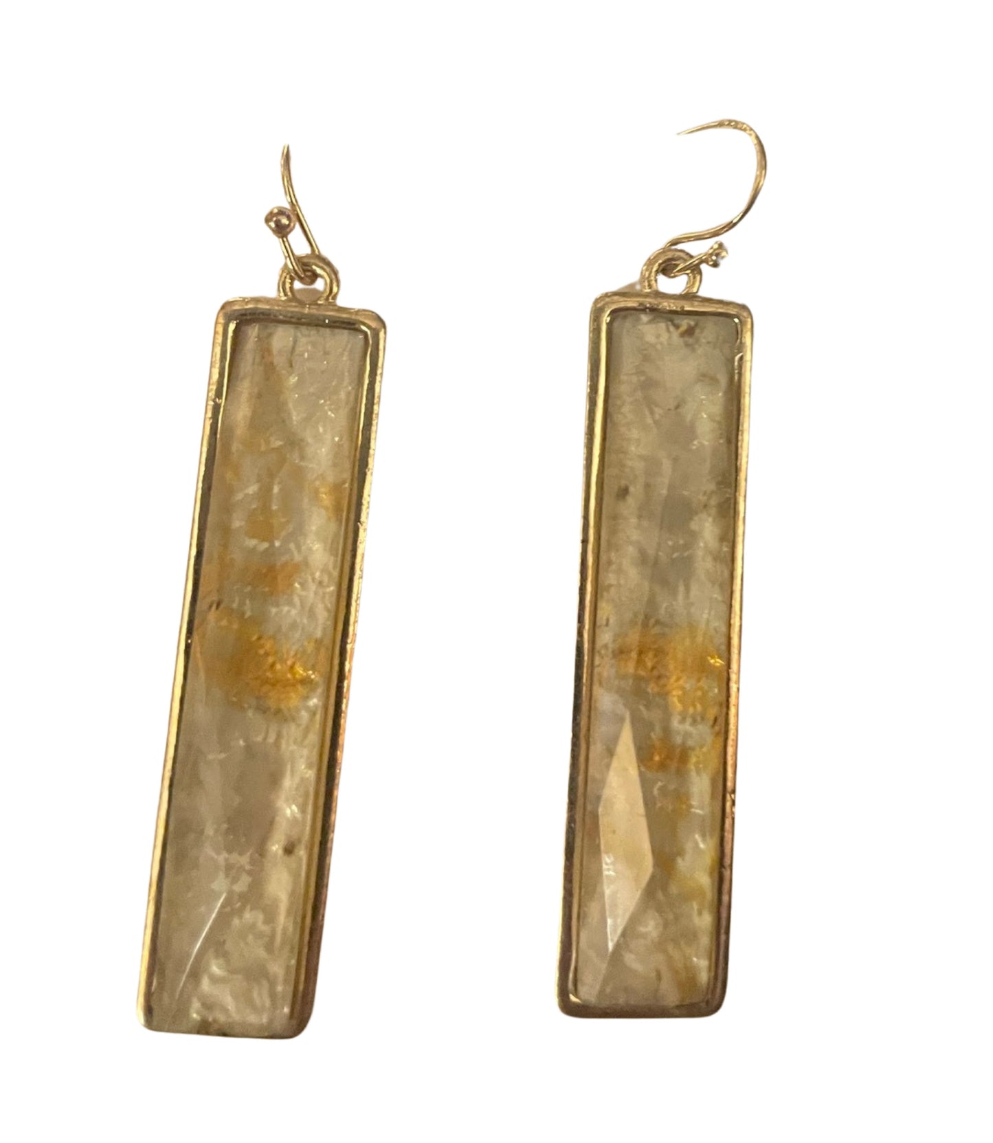 Elongated Rectangular Faceted Resin Dangle Earrings - Gold & White