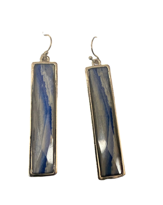 Elongated Rectangular Faceted Resin Dangle Earrings - Blue