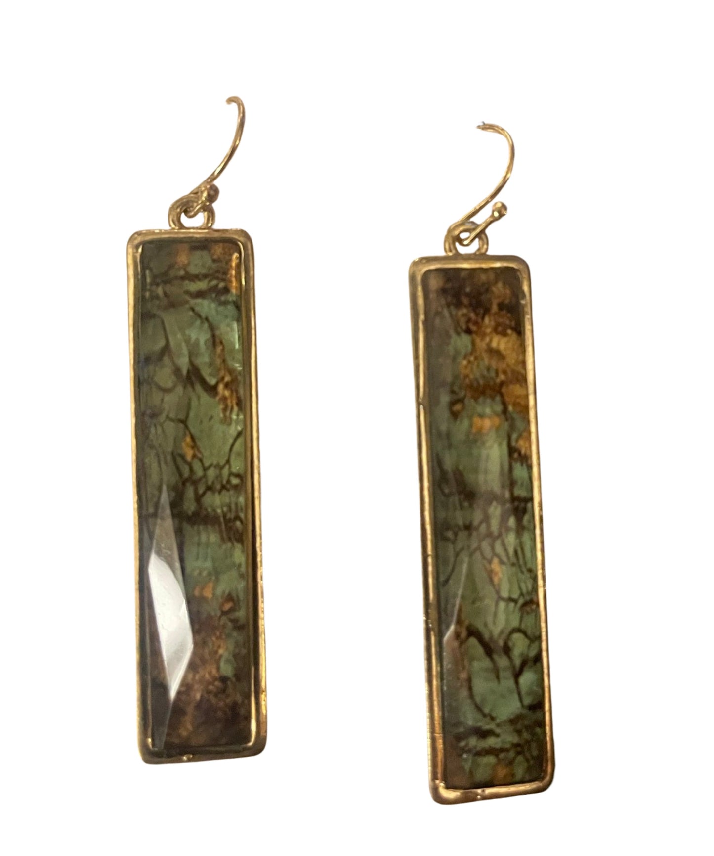 Elongated Rectangular Faceted Resin Dangle Earrings - Green & Gold