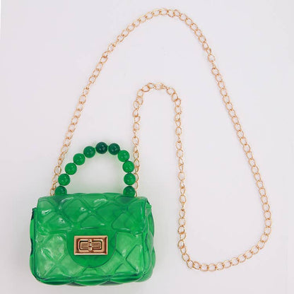 Clear Jelly Plastic Purse with Beaded Handle & Gold Chain - available in 7 colors