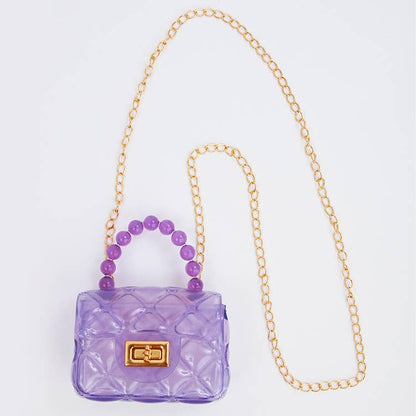 Clear Jelly Plastic Purse with Beaded Handle & Gold Chain - available in 7 colors