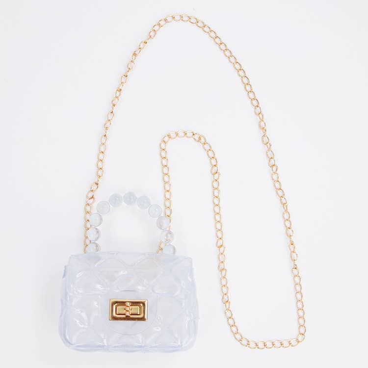 Clear Jelly Plastic Purse with Beaded Handle & Gold Chain - available in 7 colors