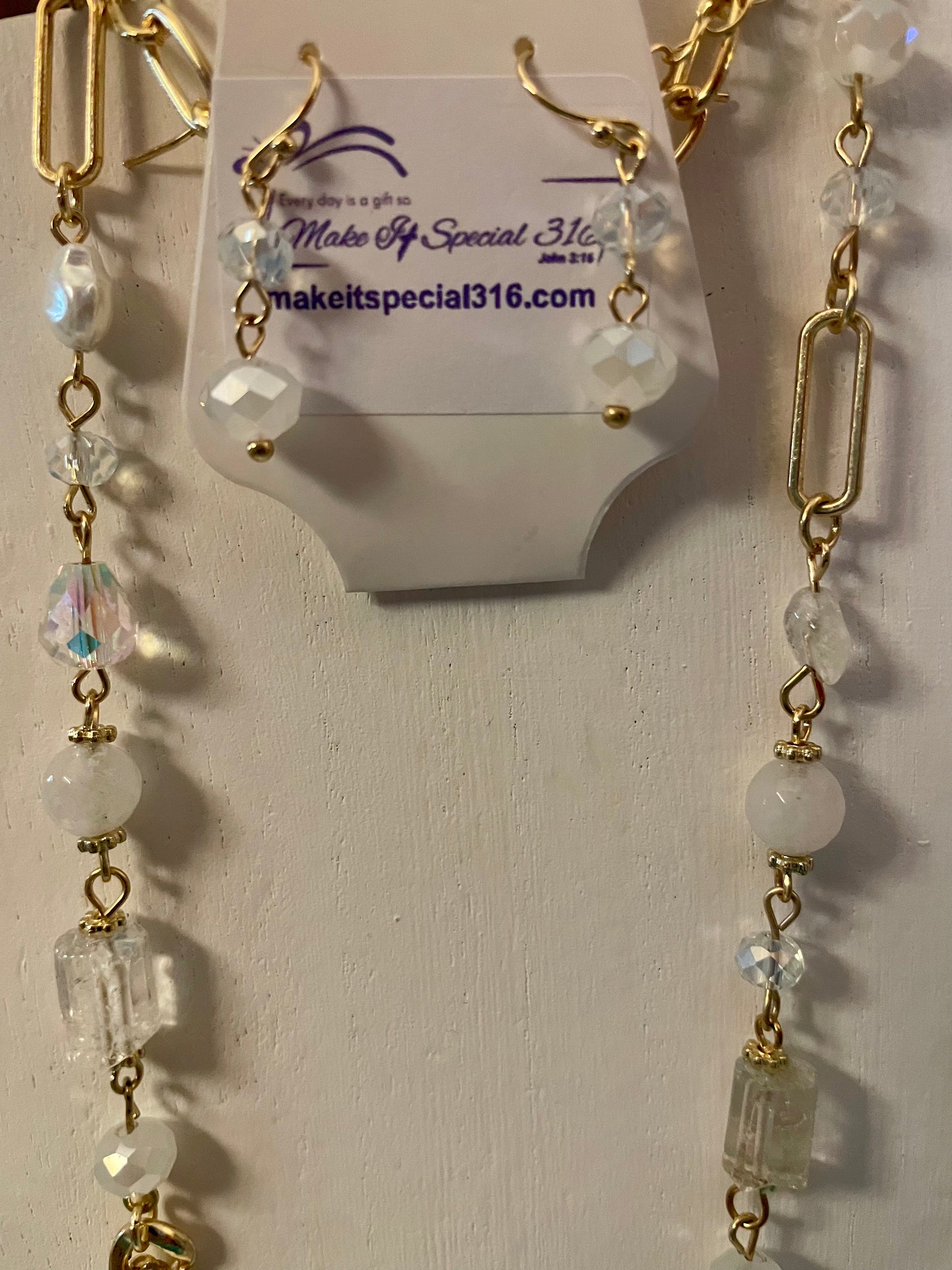 Pearl and Crystal Mixed Beads Long necklace and earring set