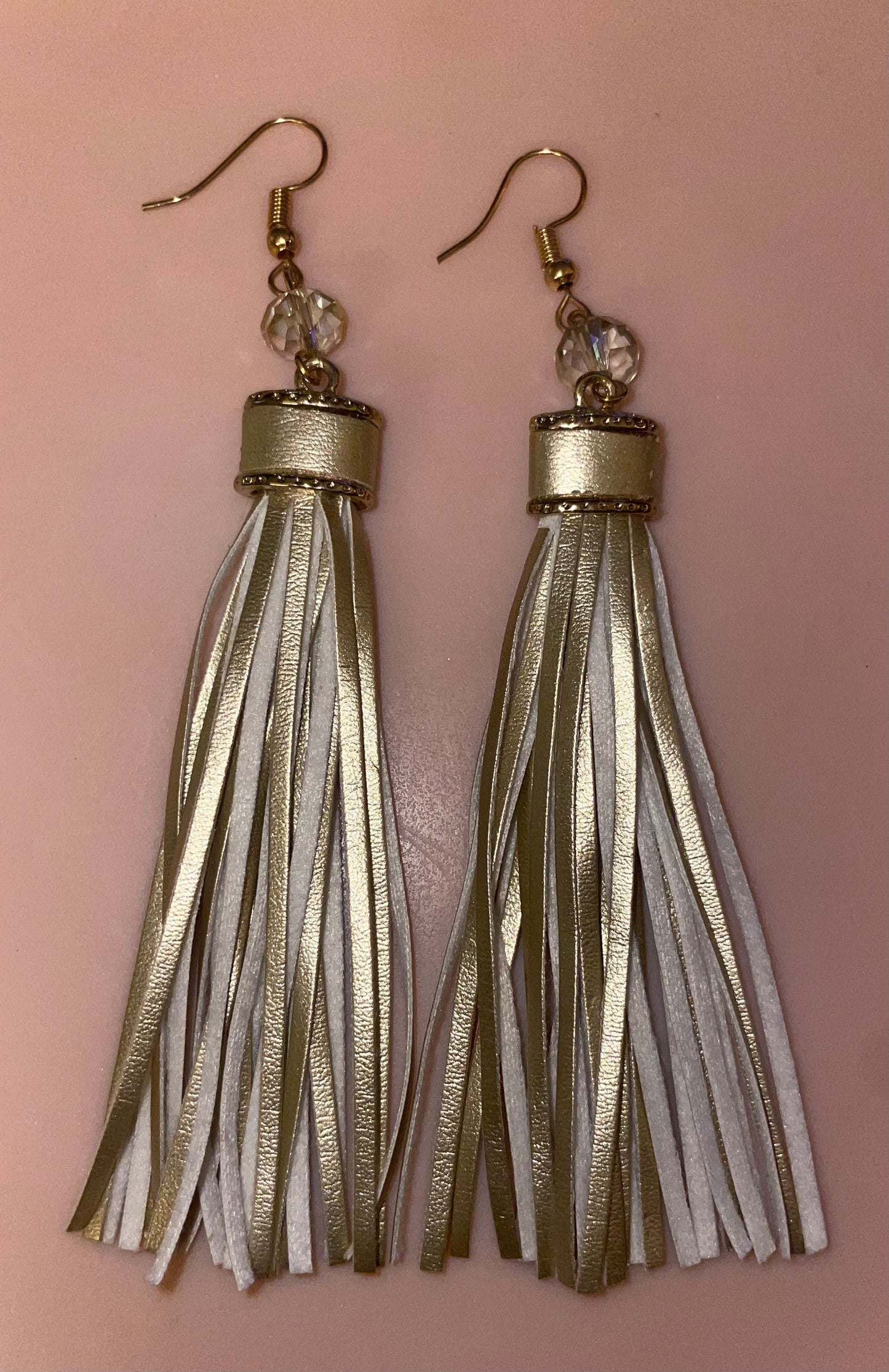 Gold Leather Tassel Earrings with Faceted Crystal Bead