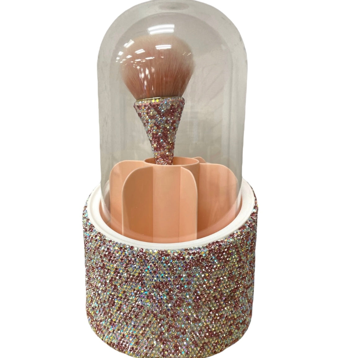 Bling Bling Pink Multi Rhinestones Spinning Brush Caddy / Organizer with Dome Cover