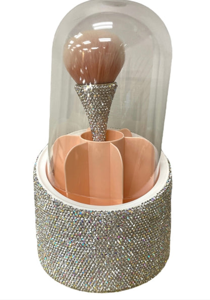 Bling Bling Iridescent Silver Rhinestones Spinning Brush Caddy / Organizer with Dome Cover