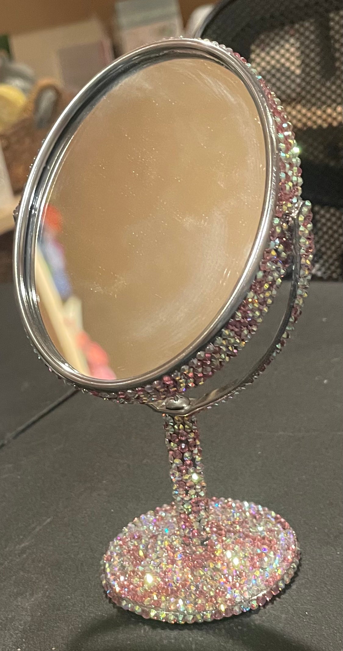 Small Pedestal 2 Sided Pink Rhinestone Makeup Mirror / magnified on one side