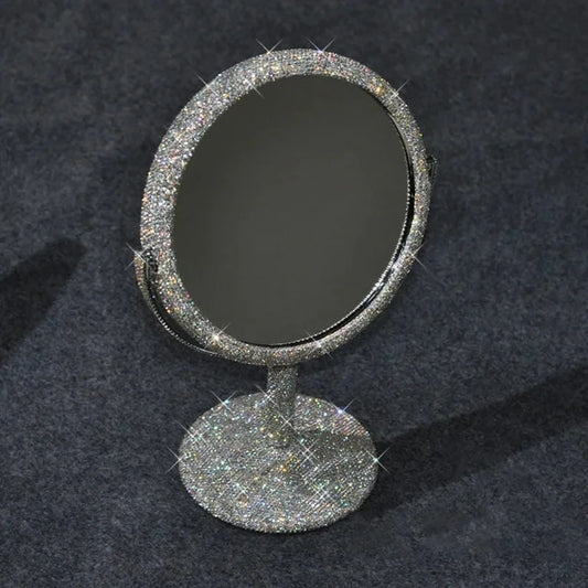 Large Pedestal 2 Sided Iridescent Silver Rhinestone Makeup Mirror / magnified on one side