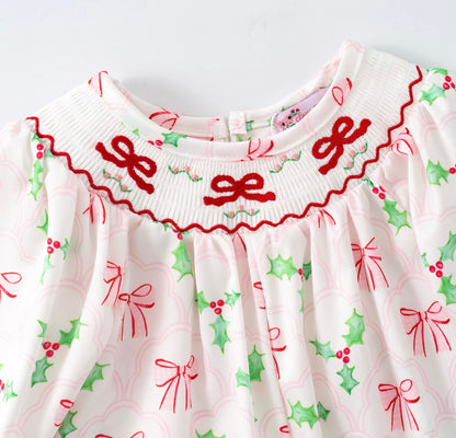 Bows & Mistletoes Smocked Baby Romper