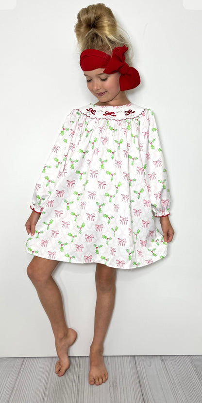 Clothing for Toddler Girl - Bows & Mistletoes Smocked Girls Dress