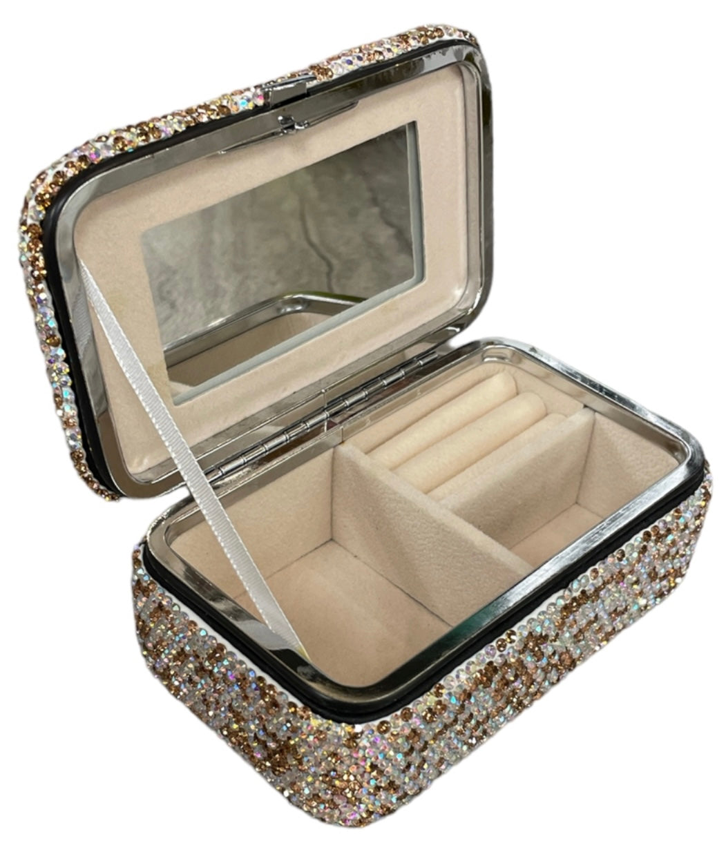 Gold Rhinestone Rectangular Jewelry Case With Mirror