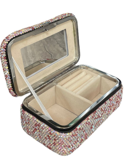 Pink Rhinestone Rectangular Jewelry Case With Mirror