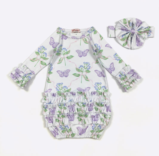 Clothing for Baby Girl - Violet Butterfly Baby Gown fits Newborn to 3 Months