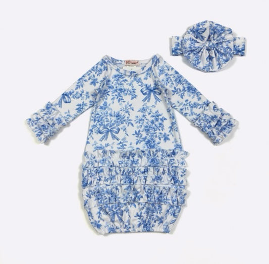 Clothing for Baby Girl - Blue Chinoiserie Gown fits Newborn to 3 Months