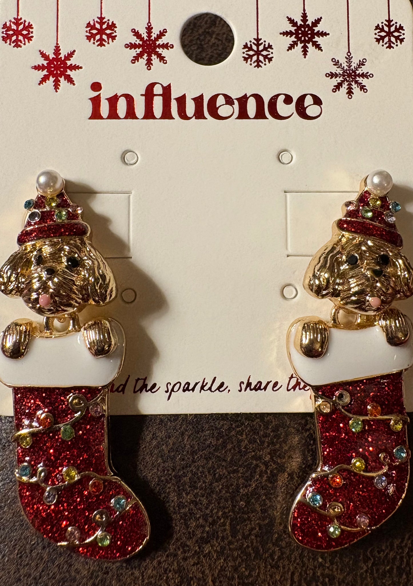 Earrings - Christmas Stocking / Socks with Holiday lights and puppies- available in two colors