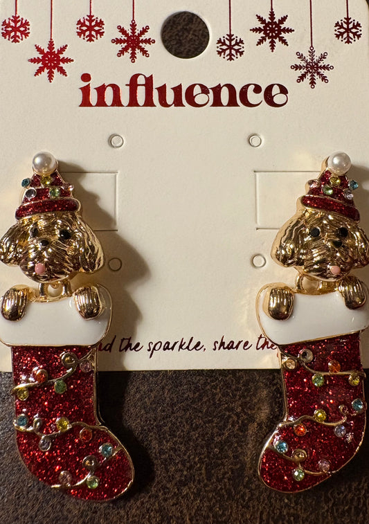 Earrings - Christmas Stocking / Socks with Holiday lights and puppies- available in two colors