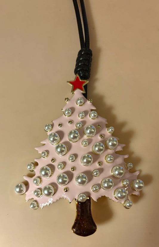 Necklace - Large Enamel Christmas Tree Necklace with Pearls available in 2 colors
