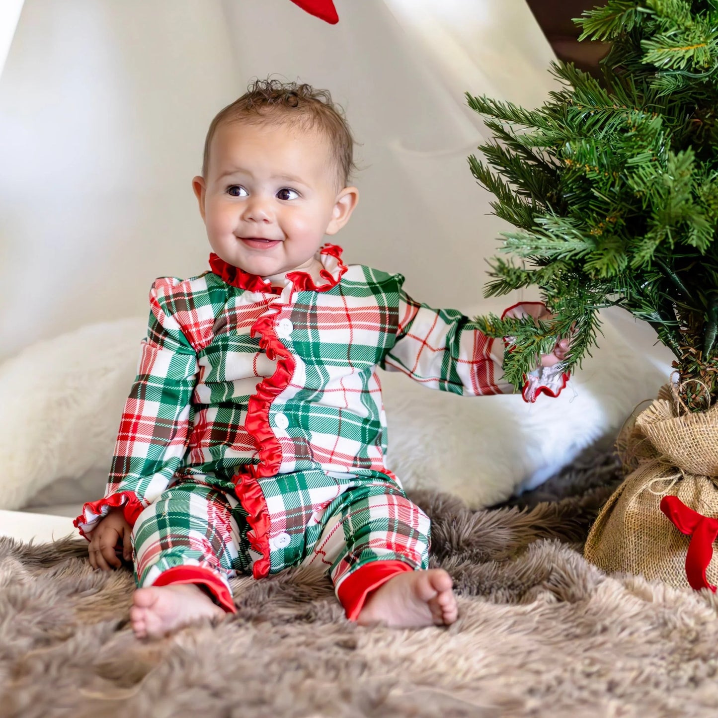 Clothing for Baby Girl - Baby Ruffle Buttflap Pajamas - Christmas Plaid Holiday Lounge