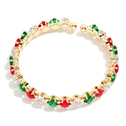 Bracelet - Cubic Zirconia Studded Cuff red, clear, green - Christmas Holiday