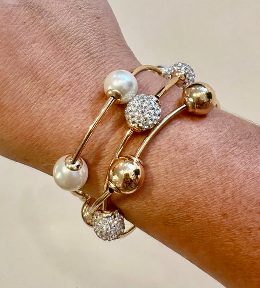 Bracelet - set of 3 beaded link with gold, crystal and pearl stretch