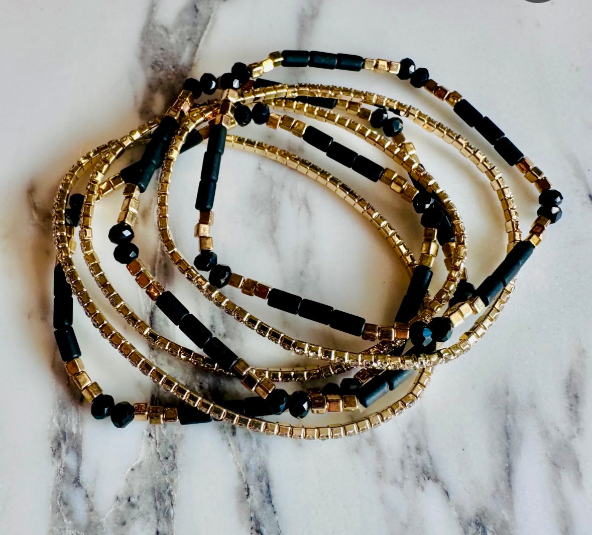 Bracelet - set of 6 Stretch bead, facet, crystal (available in black, gray or white)