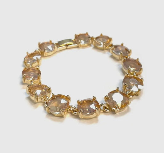 Bracelet - Round Cushion Cut Crystal Glass Linked with clasp in gold (topaz color)