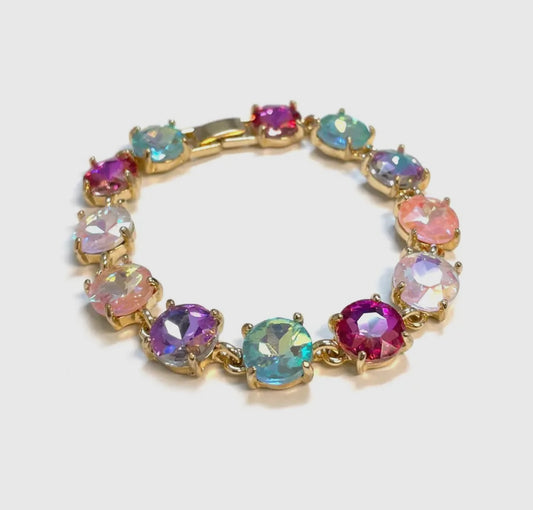 Bracelet - Round Cushion Cut Crystal Glass  Linked with clasp in gold (multicolored)