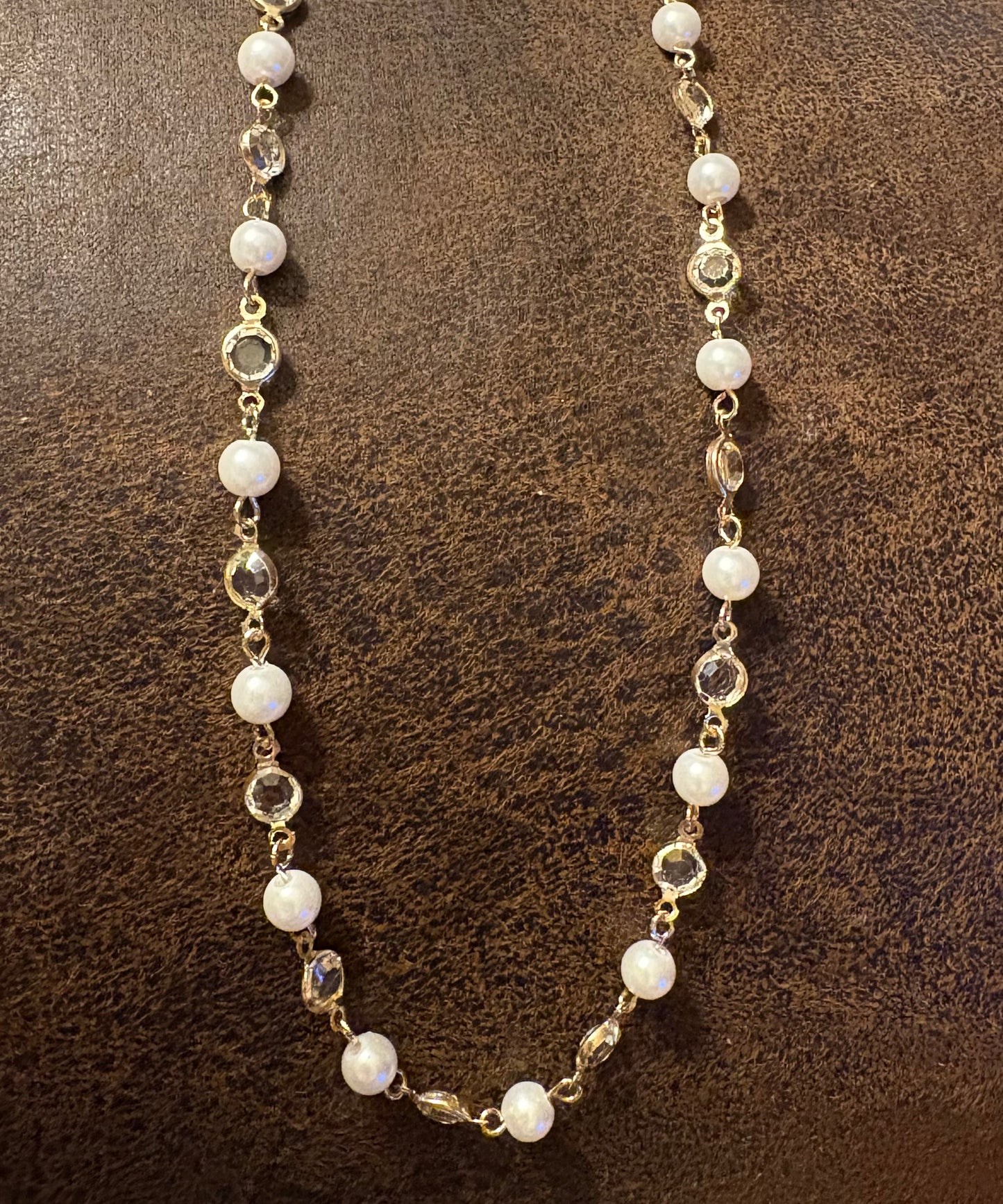 Necklace - Pearl & Open Bezel Crystal in Gold 18-20” adjustable clasp