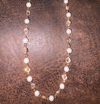 Necklace - Pearl & Open Bezel Crystal in Gold 18-20” adjustable clasp