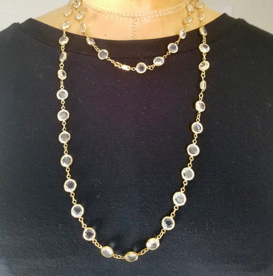 Necklace - Long Bezel Set Clear Faceted Crystals on gold Station Necklace