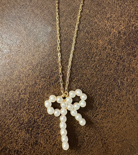 Necklace - Solid Pearl Ribbon Bow Pendant on gold Chain 18-20” adjustable extension