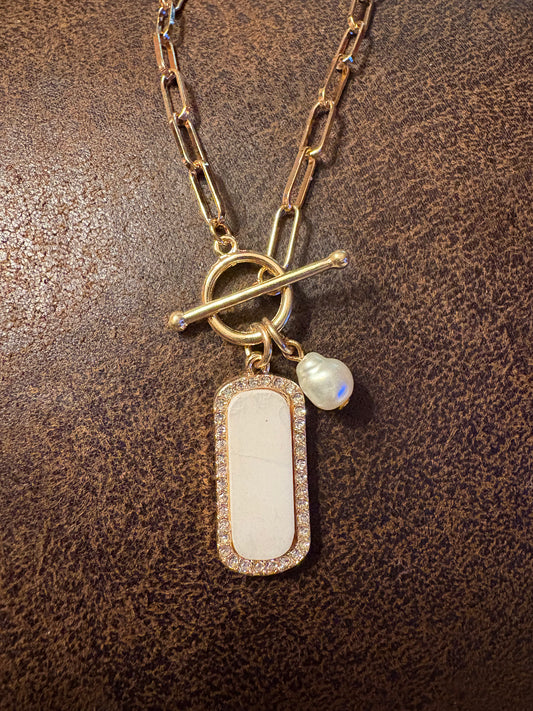 Necklace - Dog Tag Bar in Mother of Pearl with pearl and toggle on gold paper clip chain - 18”