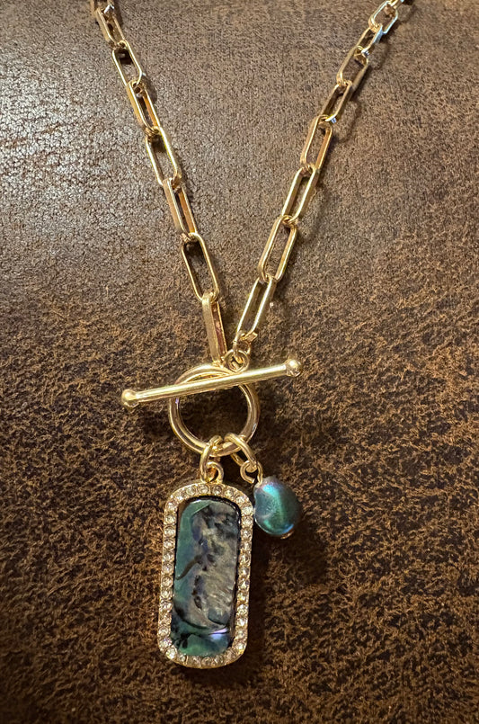Necklace - Dog Tag Bar in Abalone with pearl and toggle on gold paper clip chain - 18”
