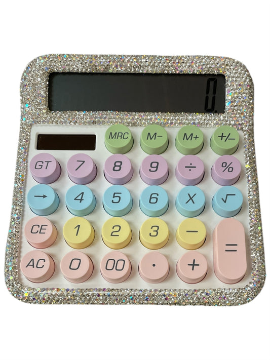 Bling Bling Silver AB Rhinestone Calculator with pastel colored keys