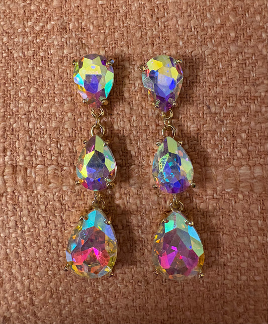 Earrings - Teardrops Falling Iridescent Crystal Faceted Stones in Gold
