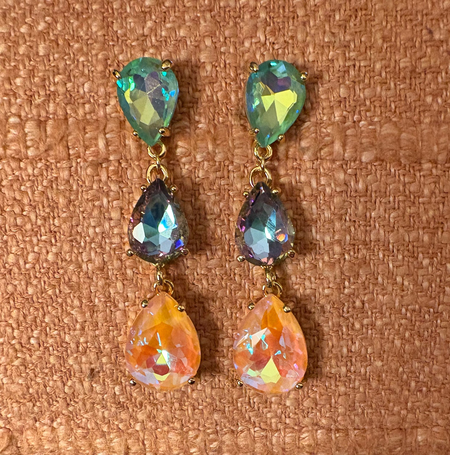 Earrings - Teardrops Falling Iridescent Pastel Faceted Stones in Gold
