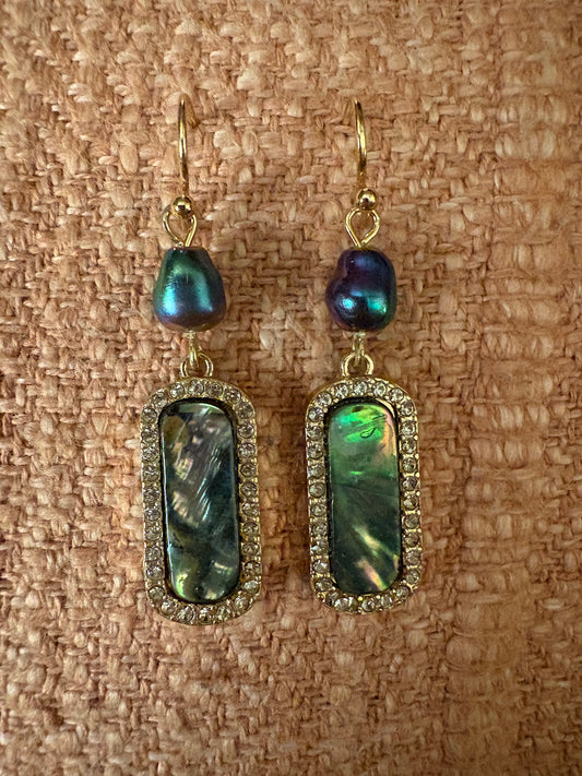 Earrings - Abalone Rectangle Drop &nbsp;Featuring Linked Pearl & Rhinestone border in gold
