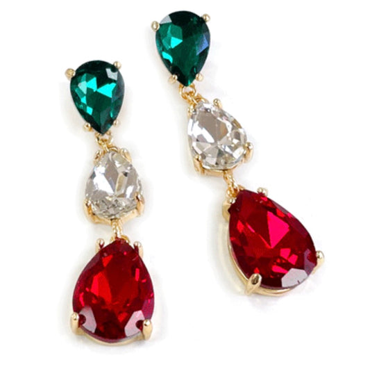 Earrings - Teardrops Falling Green, Clear, Red Faceted Stones in Gold - Christmas