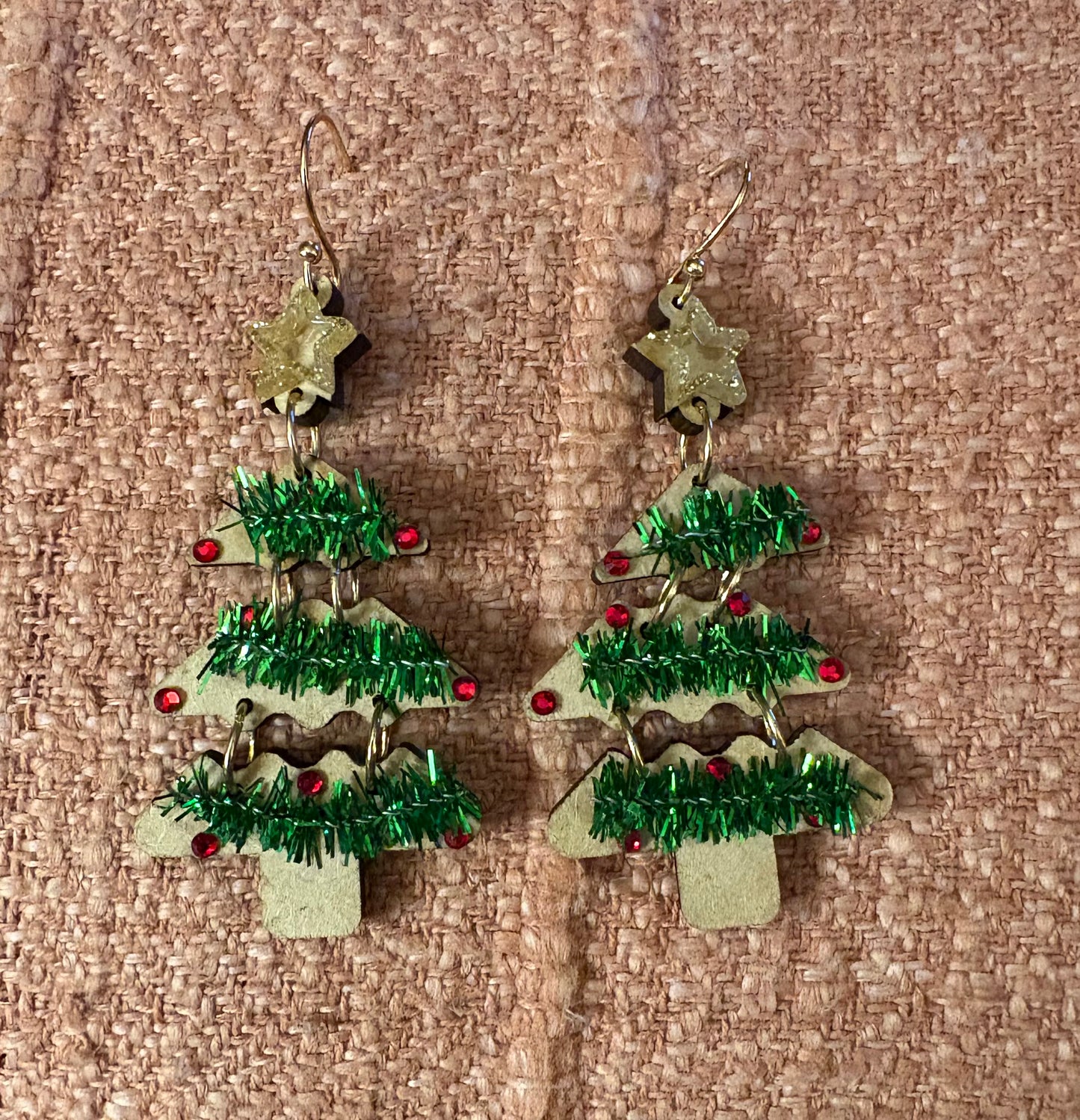 Earrings - Wood Christmas Tree with green garland and sparkling acrylic star