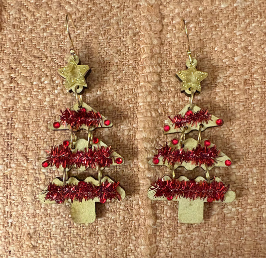 Earrings - Wood Christmas Tree with red garland and sparkling acrylic star