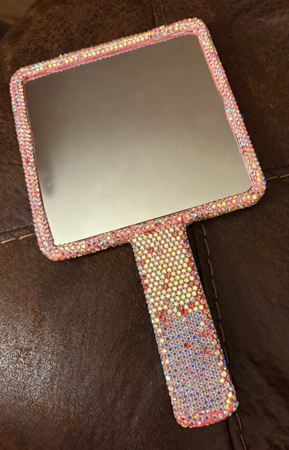 Bling Bling! Pink AB Crystal Rhinestone Square Handheld Mirror 9” x 5”