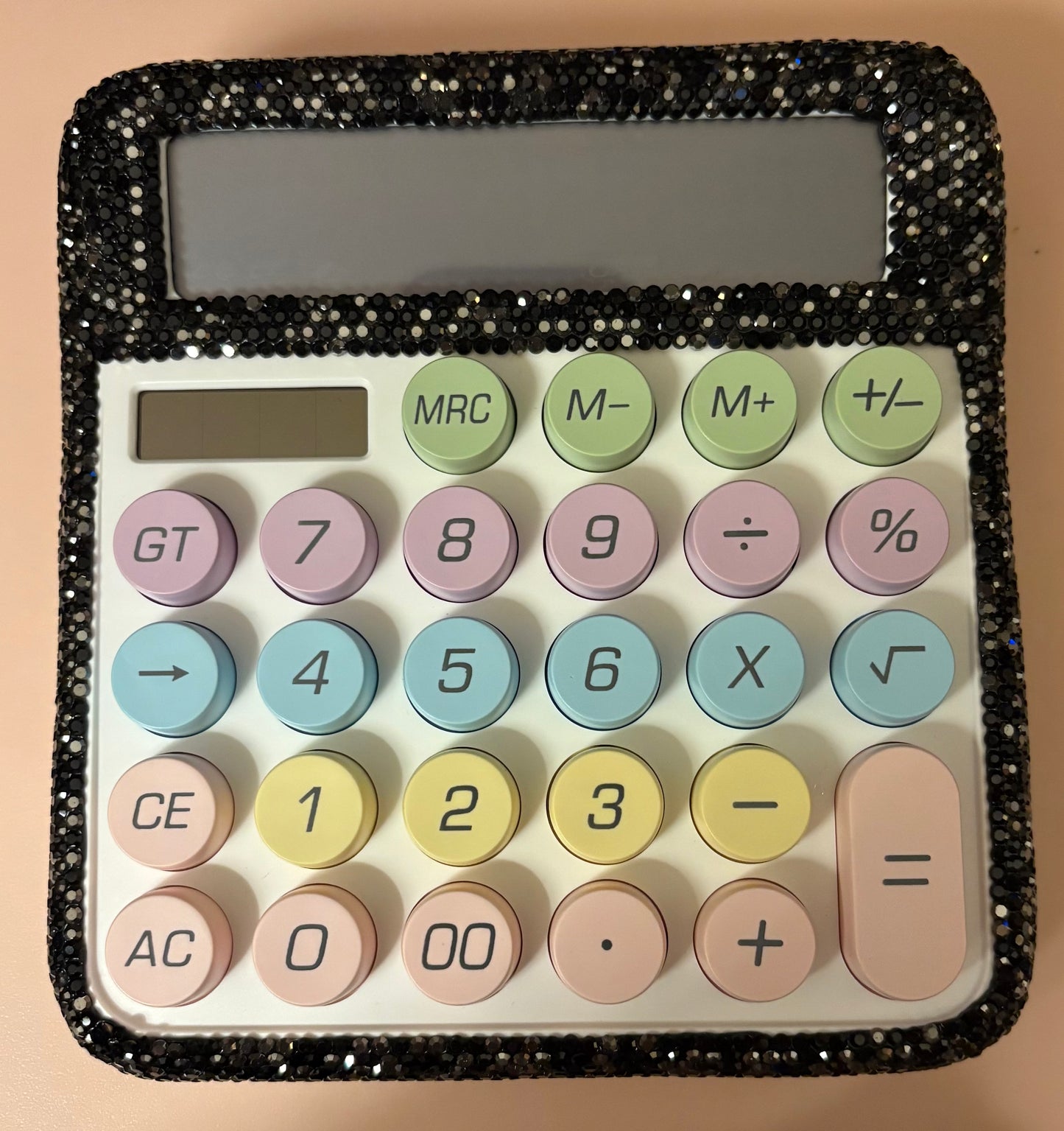 Bling Bling Black Rhinestone Calculator with pastel colored keys