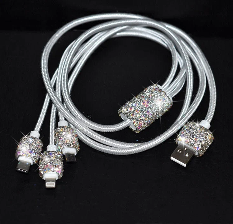 Bling Bling! Silver Crystal Rhinestone&nbsp;Mobile Phone Data Charging Cable 3 in 1 Lightning, USB C, Micro USB to USB - Apple iPhone iPad & Android Cell Phone